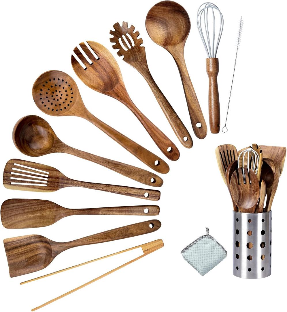 Premium Teak Wood Kitchen Utensil Set - 11-Piece Heat-Resistant Cooking Tools with Storage Holder, Non-Stick Wooden Spoons, Ladle, Turner, and More