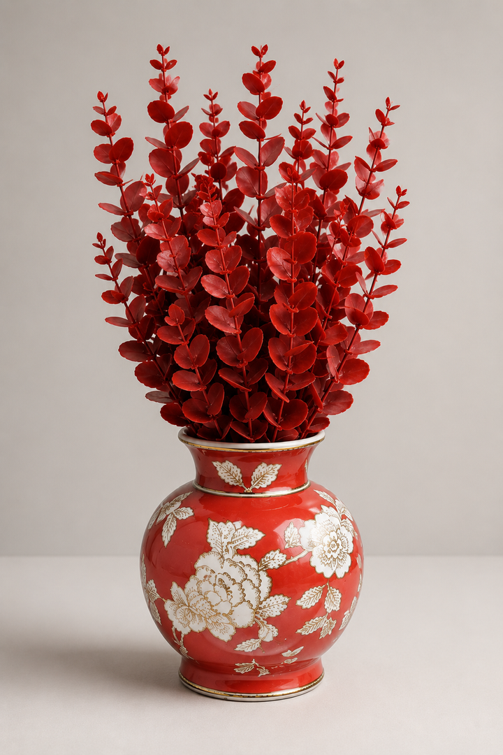 Vintage Chinoiserie Floral Ceramic Vase, Large Rustic Pottery Vases for Living Room, Entryway, Dining Table Centerpiece, Farmhouse Home Dcor, Floor or Tabletop Flower Vase, (Red)
