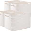 OIAHOMY 4 Pack Storage Baskets for Organizing, Cube Storage Bins for Shelves, Rectangle Storage Baskets With Handles, Woven Baskets for Storage, 12.7''Lx9''Wx7.8''H, White