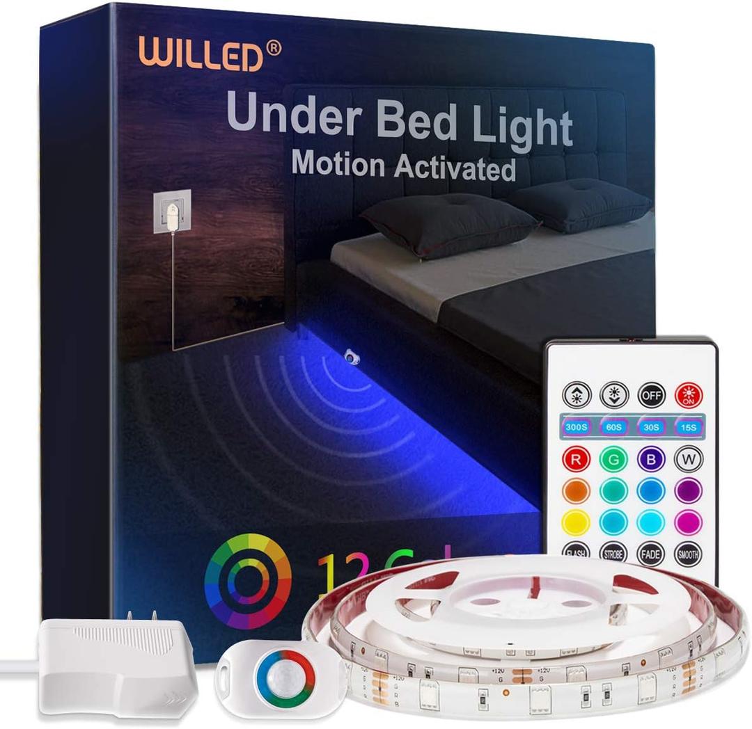 WILLED RGB LED Strip Lights, Under Bed Light Motion Activated Sensor, RF Remote Control with Timer, Color Changing Strip Lighting for Bed, Stairs, Shelf, Desk, Cabinet and Party Decoration (RGB (Red, Green, Blue))