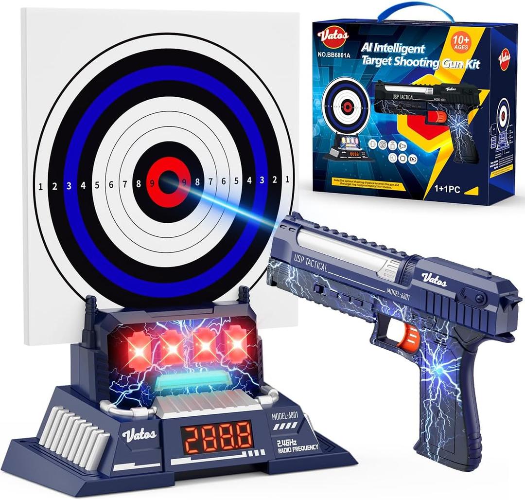 VATOS Smart Electronic Shooting Game Set, 2.4GHz Rechargeable Toy Gun with Auto-Scoring Target and Real-Time Voice Feedback, 4 Game Modes, Indoor and Outdoor Shooting Game Toy for Kids Age 10+, Teens
