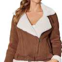 Women's Faux Shearing Moto Jacket Thick Fur Lined Coat Sherpa Leather Jacket (Brown, L)