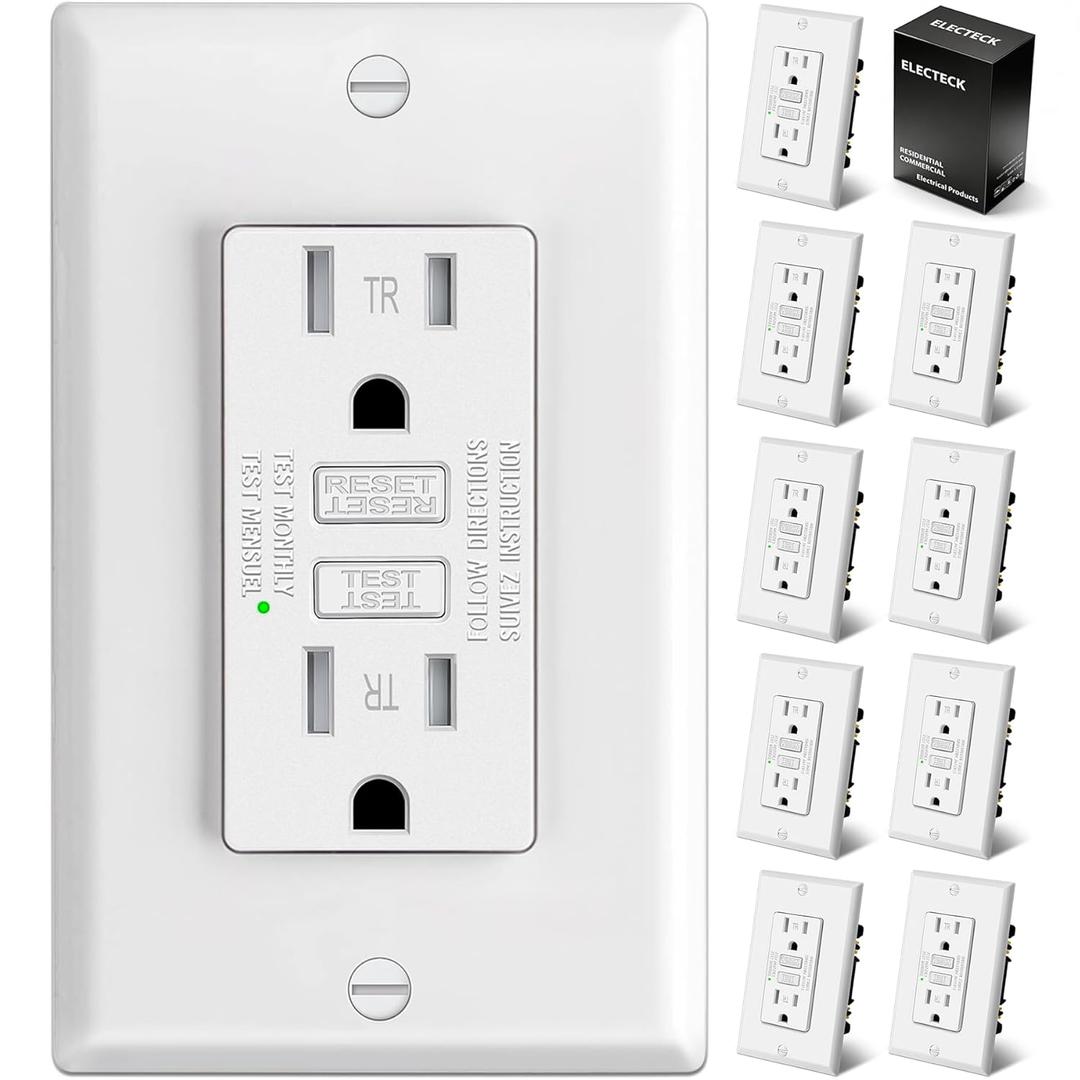 ELECTECK 10 Pack GFCI Outlets 15 Amp, Tamper Resistant (TR), Ultra Slim GFI Receptacles with LED Indicator, Ground Fault Circuit Interrupter, Decor Wallplate Included, ETL Listed, White