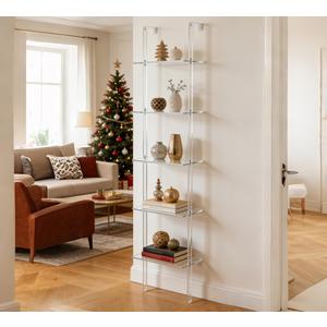 DuvinDD 5-Tier Acrylic Bookshelf Clear Open Bookcase, 15.5" Wide x 71.6" Tall Narrow Skinny Bookshelf, Wall Leaning Storage Shelf Display Shelves with LED Light String, Modern