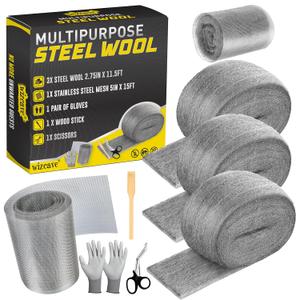 Steel Wool Mice Control - 3 Pack 2.75 in x 11.5 Ft Steel Wool & 1 Pack 5 in x 15 Ft Wire Mesh with Wooden Stick & Gloves & Scissors, Mouse Hole Filler for House Garden Polishing Chrome, Glass