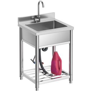 Stainless Steel Kitchen Sink, Free Standing Single Bowl, Commercial Indoor & Outdoor, 21.7 in