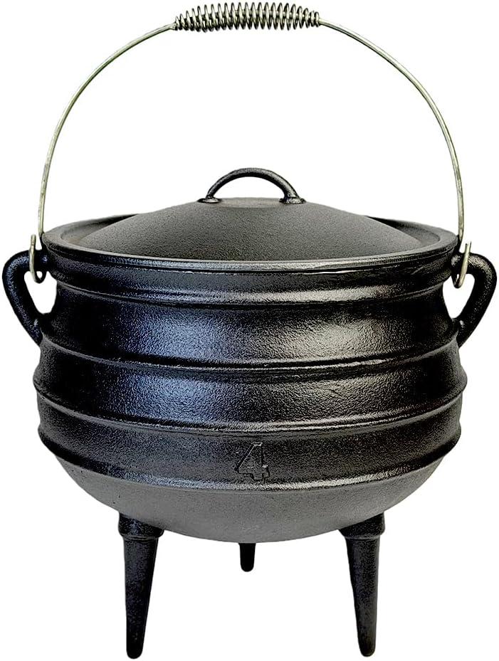 12 Quart Cast Iron Dutch Oven Cauldron Pot - Camping Cookware with Lid - Pre-Seasoned Heavy-Duty Potjie for Stews, Soups, Braising, and Frying Over Fire Pit Grill or Camp Stove