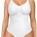 BRABIC Womens' Seamless Sleeveless V-Neck Bodysuit Shapewear Tummy Control (Medium/Large, White Thong)