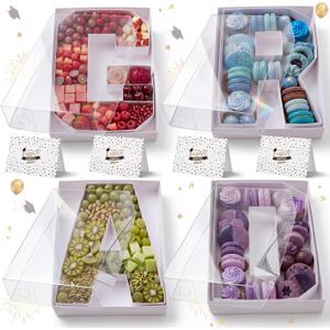Gueevin 4 Set Grad Charcuterie Letters Fillable with Outer Box and Cards, 10.35'' x 7'' White Grad Cardboard Food Serving Trays, 2026 Graduation Numbers Charcuterie Box for Chocolate Candy Cupcake