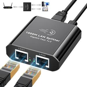 Ethernet Splitter 1 to 2 1000Mbps Internet Cable Splitter 1 in 2 Out High Speed Either Network Splitter Gigabit Dual LAN RJ45 Port Router Switch Work with Cat6/7/8 Cable (Ethernet Spltter 1 to 2)