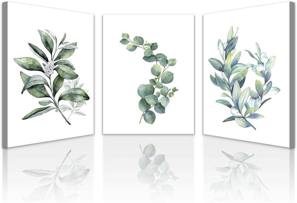 Lapremoly Canvas Wall Art For Living Room Modern Wall Decor For Bedroom Plants Green Leaves Wall Paintings Kitchen Home Decorations Pictures Bathroom Posters Prints Artwork Room Mural Works 3 Piece (12x16inches*3pcs, Green Plant Hang Pictures)