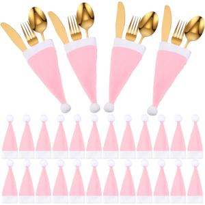 30 Pack Christmas Santa Hats Silverware Holders Mini Santa Hats Xmas Party Dinner Table Dinnerware Decorations Christmas Party Supplies for Red Wine Bottle, Knife, Fork, Candy (Pink)