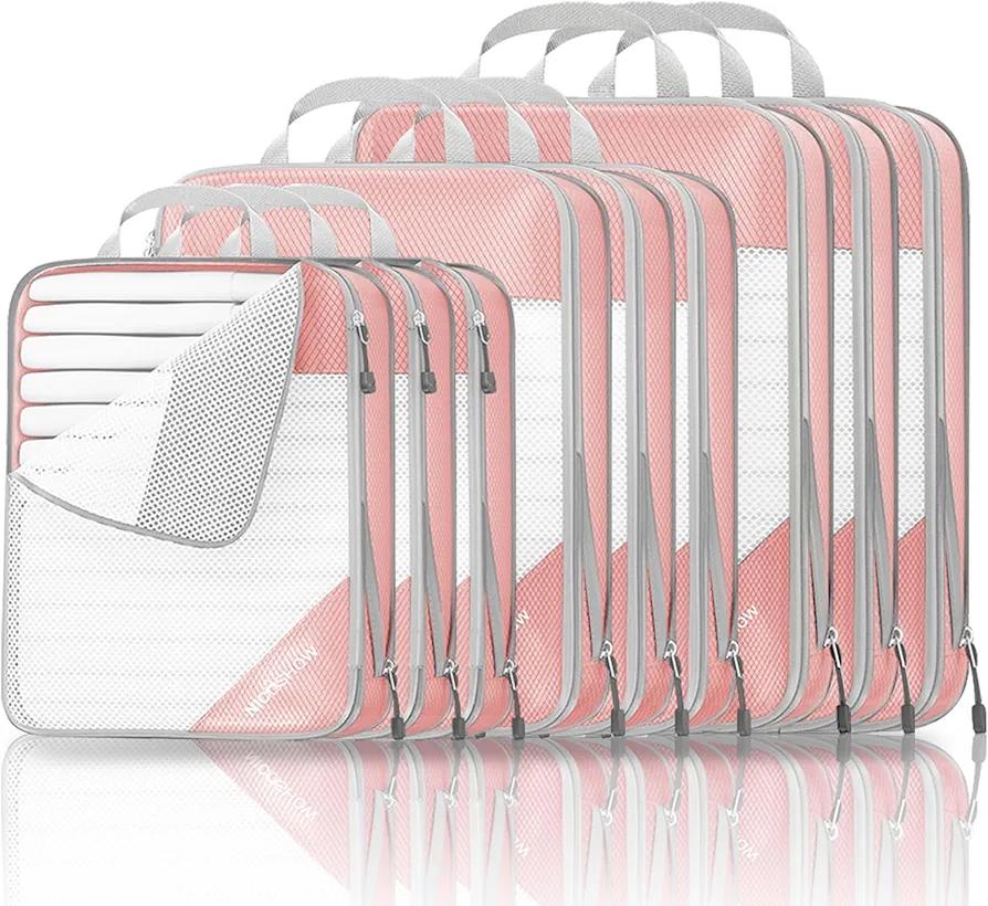 9 Set Compression Packing Cubes for Travel - Compressible, Lightweight, and Space-Saving Packing Cubes, Travel Essentials for Women, Pink