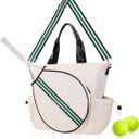 Tennis Bag for Women Racket Tote, Stylish Backpack - Unisex Racquet Sports Pickleball Bag Convertible Shoulder, Crossbody Strap Large Compartment (Tote - Ivory/Green Stripe)