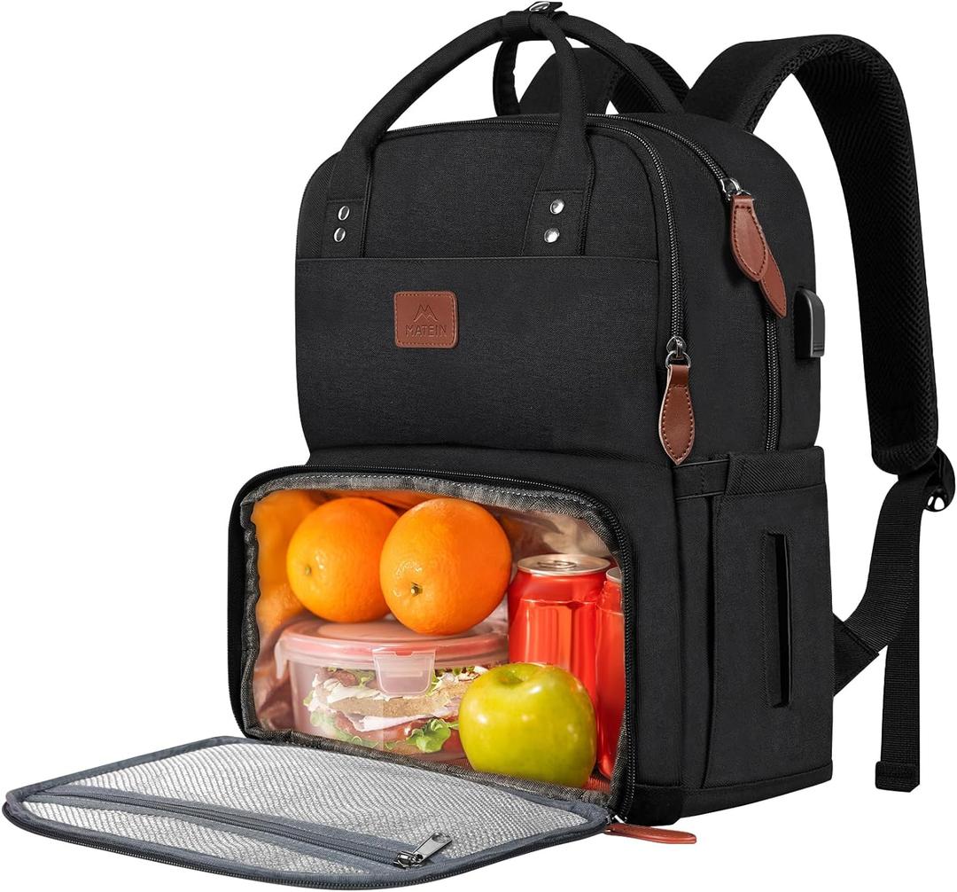 MATEIN Work Backpack Woman, Insulated Cooler Backpacks with Lunch Box, 15.6 Inch Laptop Backpack with USB Port Reusable Water Resistant Tote Food Bag for College Beach Camping Picnics Womens Gifts (Black)