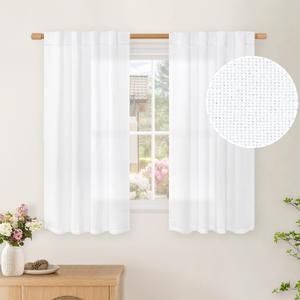 BGment White Linen Curtains 40 Inch Length for Kitchen Cafe Window, Rod Pocket Small Semi Sheer Drapes Light Filtering Privacy for Bathroom Bedroom, 2 Panels, 34 Inch Wide Each Panel