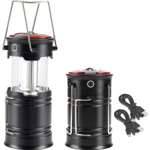 Lichamp 2 Pack Camping Lanterns Rechargeable and Battery Powered, Dual Power Source and 4 Mode Lantern Flashlight COB Camp Light for Power Outages, Camping Supplies and Home Hurricane Supplies, E2BK