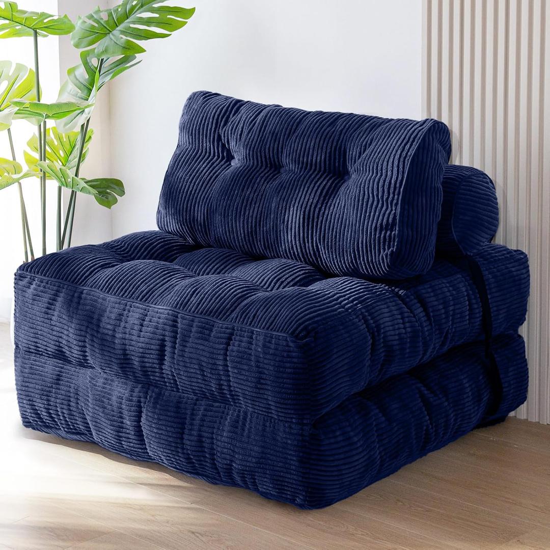 MAXYOYO Folding Sofa Bed, Convertible Sleeper Chair with Pillow Foldable Matress with Back Support, Portable Fold Out Chair Bed Comfy Floor Sofa Lounge for Living Room Bedroom, Navy, Single