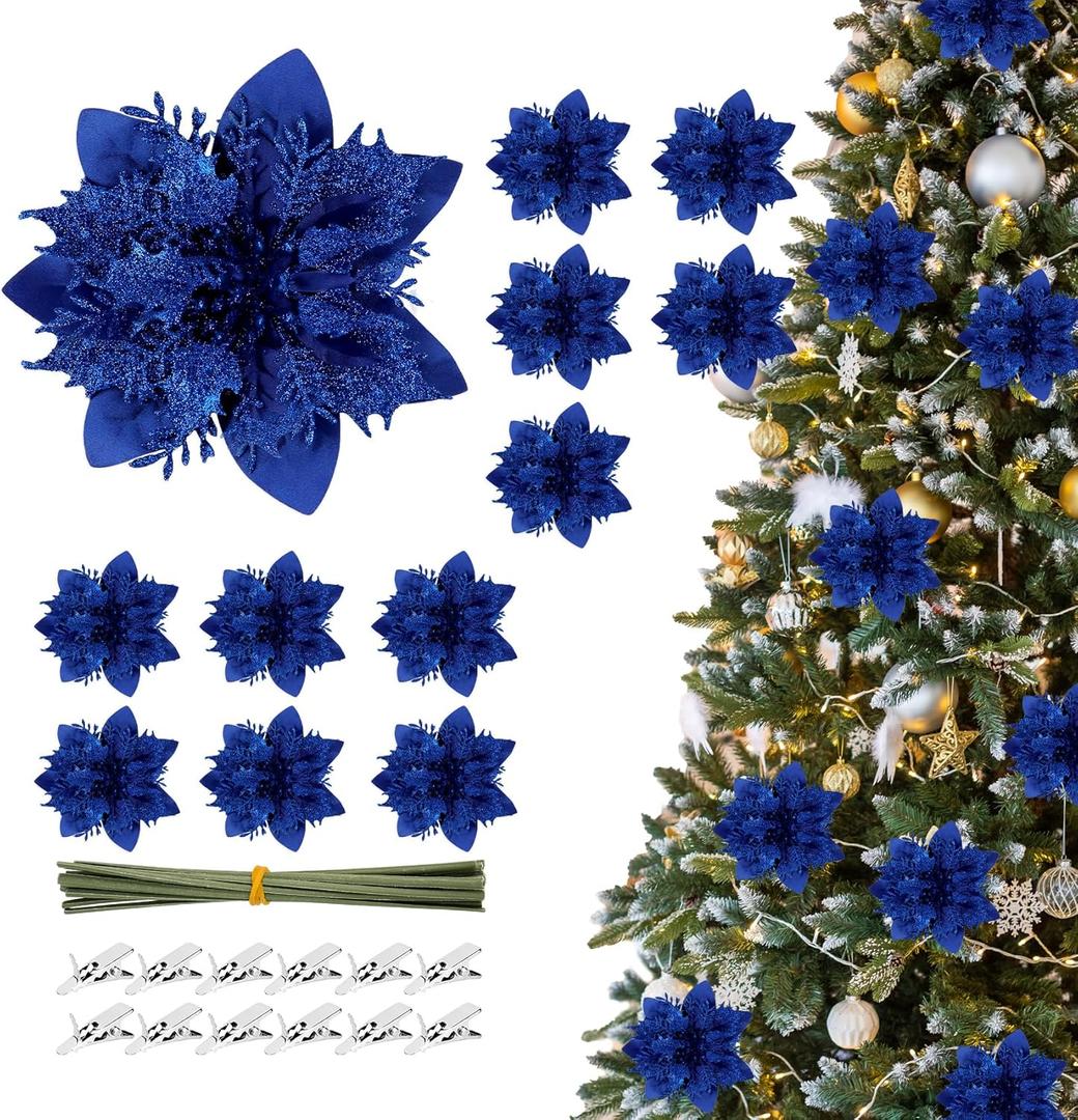 Blue Christmas Ornaments,12pcs Poinsettias Artificial Christmas Flowers,Christmas Tree Decorations,Blue Christmas Decorations,Poinsettias for Christmas Tree Flowers With Clips,Glitter Xmas Flower