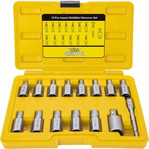 15 PCS Screw Extractor Set with 3/8" Inch Drive, Hex Head Multi-Spline Easy Out Allen Screw Extractor Kit Stripped Bolt Removal Tool for Removing Broken Rounded Rusted Bolts Screws Nuts(Yellow)