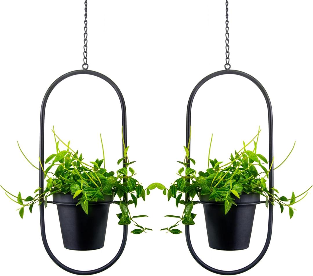 Metal Hanging Planters, Modern Plant Hanger with 5 inch Flower Pots,Set of 2 Black Oval Shape Plant Holders, Wall and Ceiling Planters for Indoor Plants, Home Dcor (OVAL-5 INCH POT)