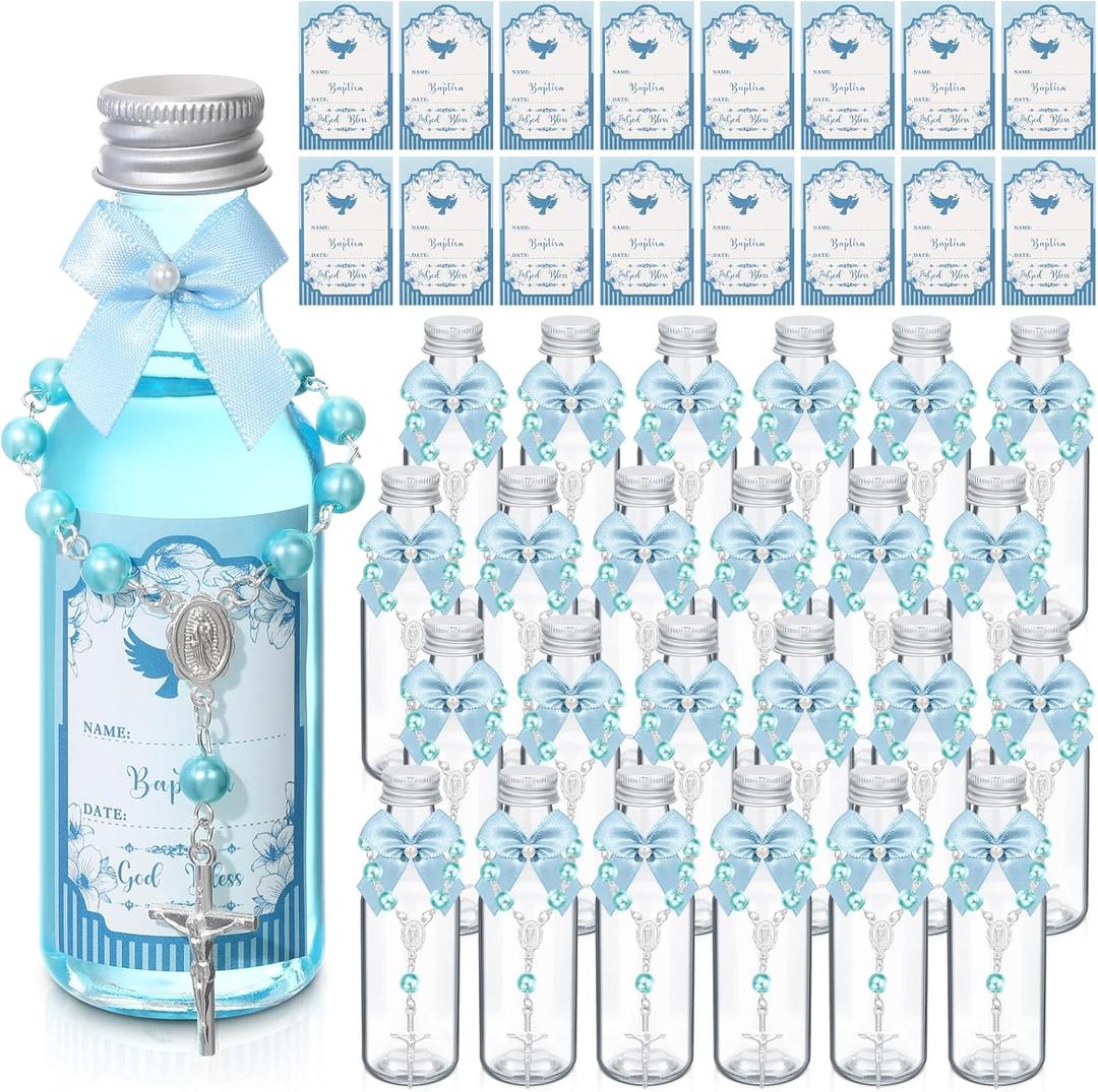 12 Sets Catholic Holy Water Bottle Baptism Rosary Set Baptism Favors 1.7oz Christian Water Container Empty Glass Holy Water Bottle for Easter Party Church Wedding Table Newborn (Blue)