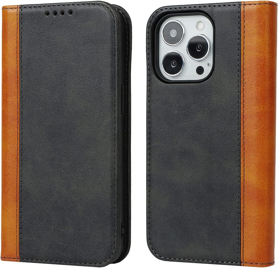 Fashion Flip Folio for iPhone 15 Pro Max - Two-Tone Faux Leather Wallet Case with 3 Card Slots & Built-in Stand, Black & Yellow
