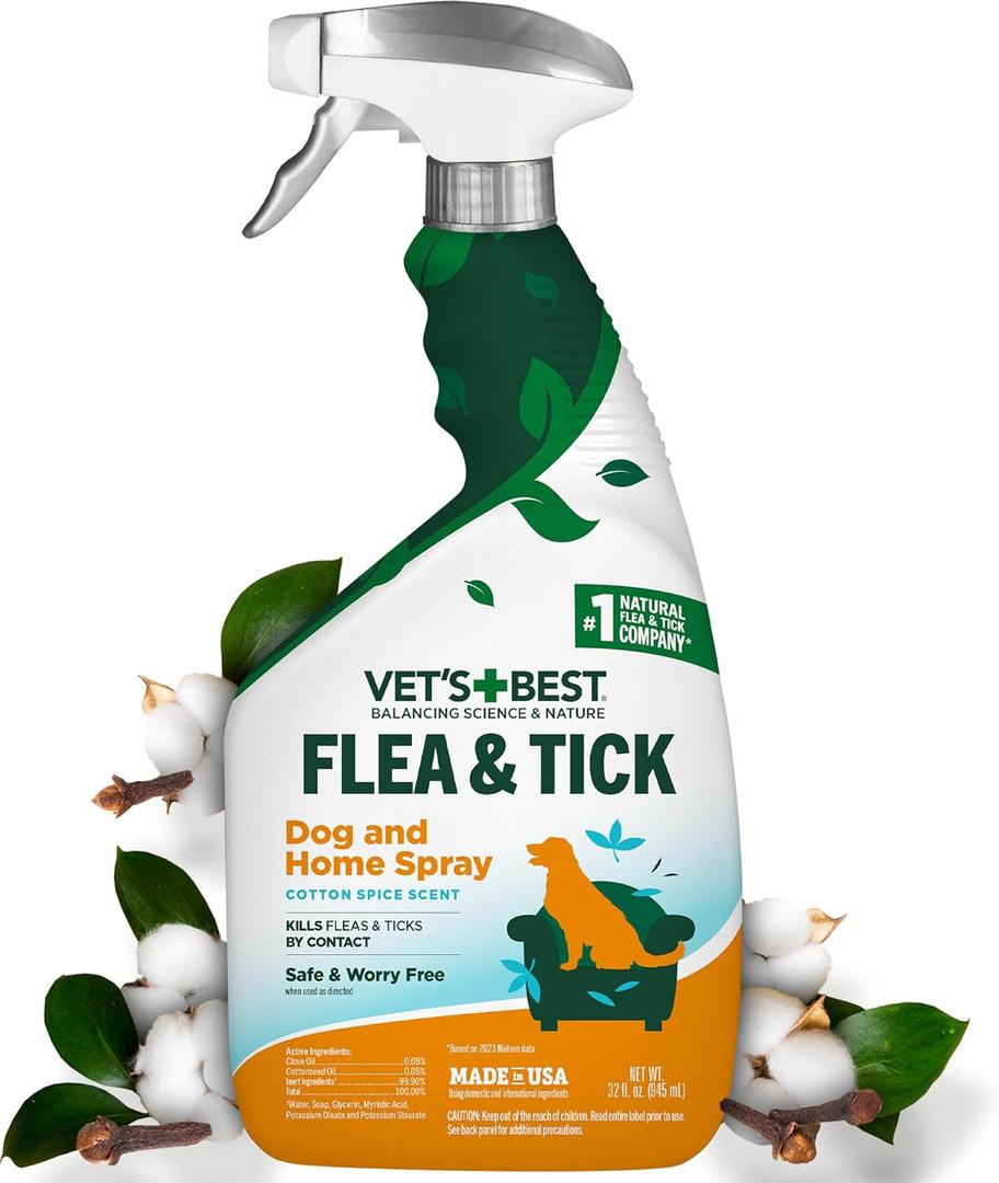 Vets Best Flea & Tick Home Spray for Dogs  Plant-Based Flea and Tick Treatment with Cotton Spice Scent  Indoor Flea Spray for Dogs  Made in USA Flea Control for Home Use  32 oz