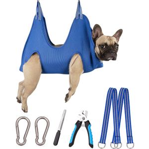 10 in 1 Pet Grooming Hammock Harness with Nail Clippers/Trimmer, Nail File, Dog Hammock/Grooming Sling for Nail Trimming/Clipping (Medium/Under 36 LB, Blue)