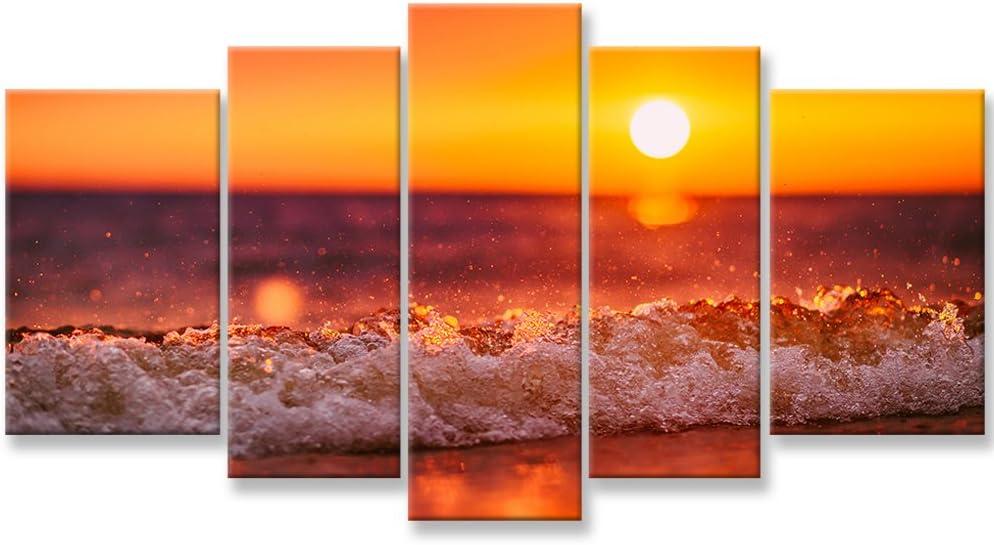 Sunset Wall Art Orange Sea Beach on Tropical Island at Sunset Canvas Pictures Artwork 5 Panel Seascape Painting Prints for Home Living Dining Room Kitchen