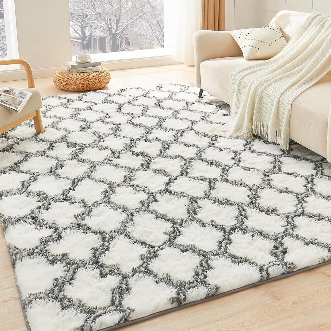 Litanika 8x10 Geometric Shag Area Rug for Bedroom, White and Grey High Pile Ultra Soft Plush Shaggy Furry Bedside Playroom Dorm Carpet, Non-Slip, Non-Shedding Indoor Floor Rug