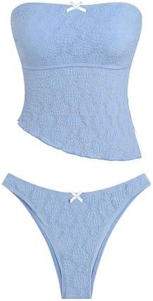 ZAFUL Women's Bandeau Tankini Swimsuit Asymmetrical Slit Bowknot String High Cut Fairyland Cheeky Bathing Suit S