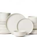 Famiware Milkyway Plates and Bowls Sets, 24 Pieces Dinnerware Sets, Reactive Glaze Dish Set, Stoneware Dishes Set for 8, Matte Beige White