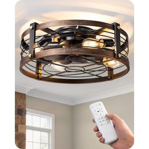 EDISHINE 21" Pre-Assembled Ceiling Fans with Lights Flush Mount, 10%-100% Dimmable, Rustic Low Profile Caged Ceiling Fan with Remote, Small Farmhouse Fan Light Ceiling for Kitchen Bedroom Brushed Gold