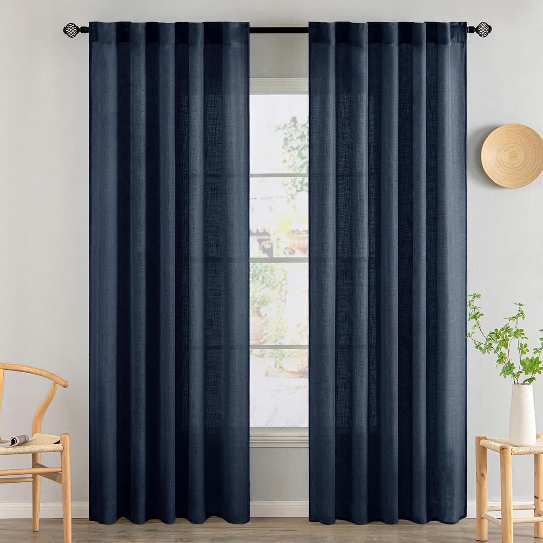 MIULEE Navy Blue Linen Curtains 84 Inch Length 2 Panels for Bedroom Living Room, Soft Thick Linen Textured Natural Window Drapes Semi Sheer Light Filtering Back Tab Rod Pocket Burlap Look Decor