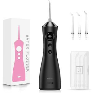 Water Dental Flosser for Teeth, Portable Cordless Water Flosser with 300ML Rechargeable with Type-C, IPX7 Waterproof Water Flossers for Adults with 3 Intensity Modes and 3 Flossing Tips (Dark)