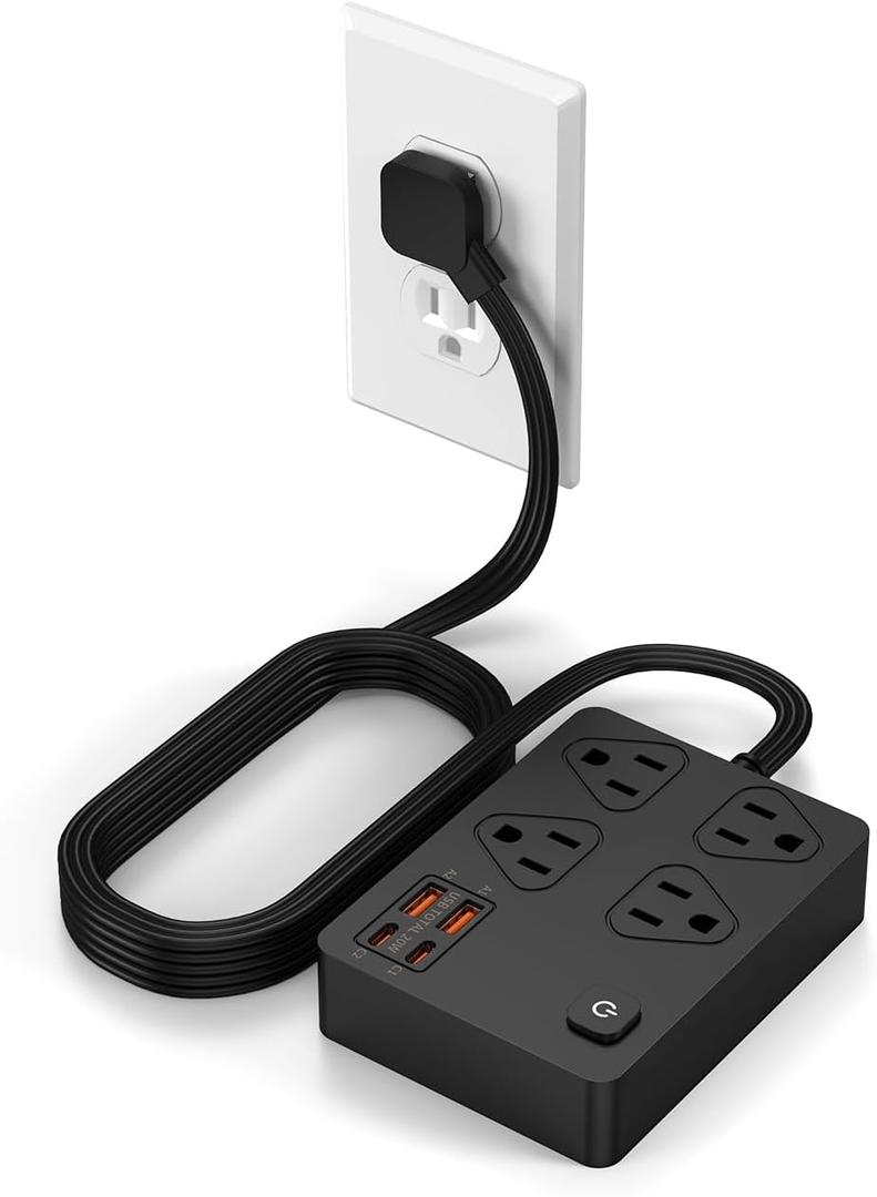 Power Strip Surge Protector with 20W USB C Ports,6Ft Flat Plug Extension Cord Wall Mount 4 Outlets Extender,Fast USB Charging Station 1080J (Black) (black)
