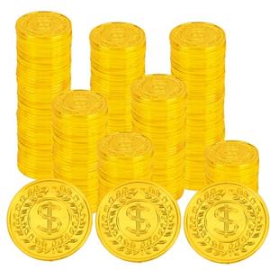 Plastic Gold Coins, 100Pcs Fake Gold Coins Bulk, Play Coin for Kids Board Games Classroom Reward Treasure Hunt Games Lucky Draw Game Adventure Theme Props St. Patricks Day Mardi Gras Party Supplies