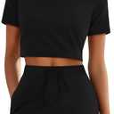 Neer Women's 2 Piece Skort Sets 95% Cotton Cropped Short Skirt Sets Round Neck Loose T Shirts Athletic Summer Casual Outfits (Black, S)