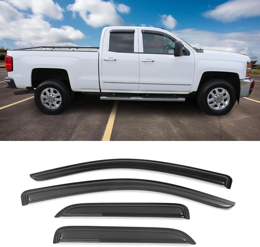 IKON MOTORSPORTS Window Visors, Compatible with 2014-2019 Chevrolet Silverado & GMC Sierra Extended Cab, Dark Smoke Acrylic Window Visor Sun Rain Vent Guards 4PC, 2015 2016 2017 2018