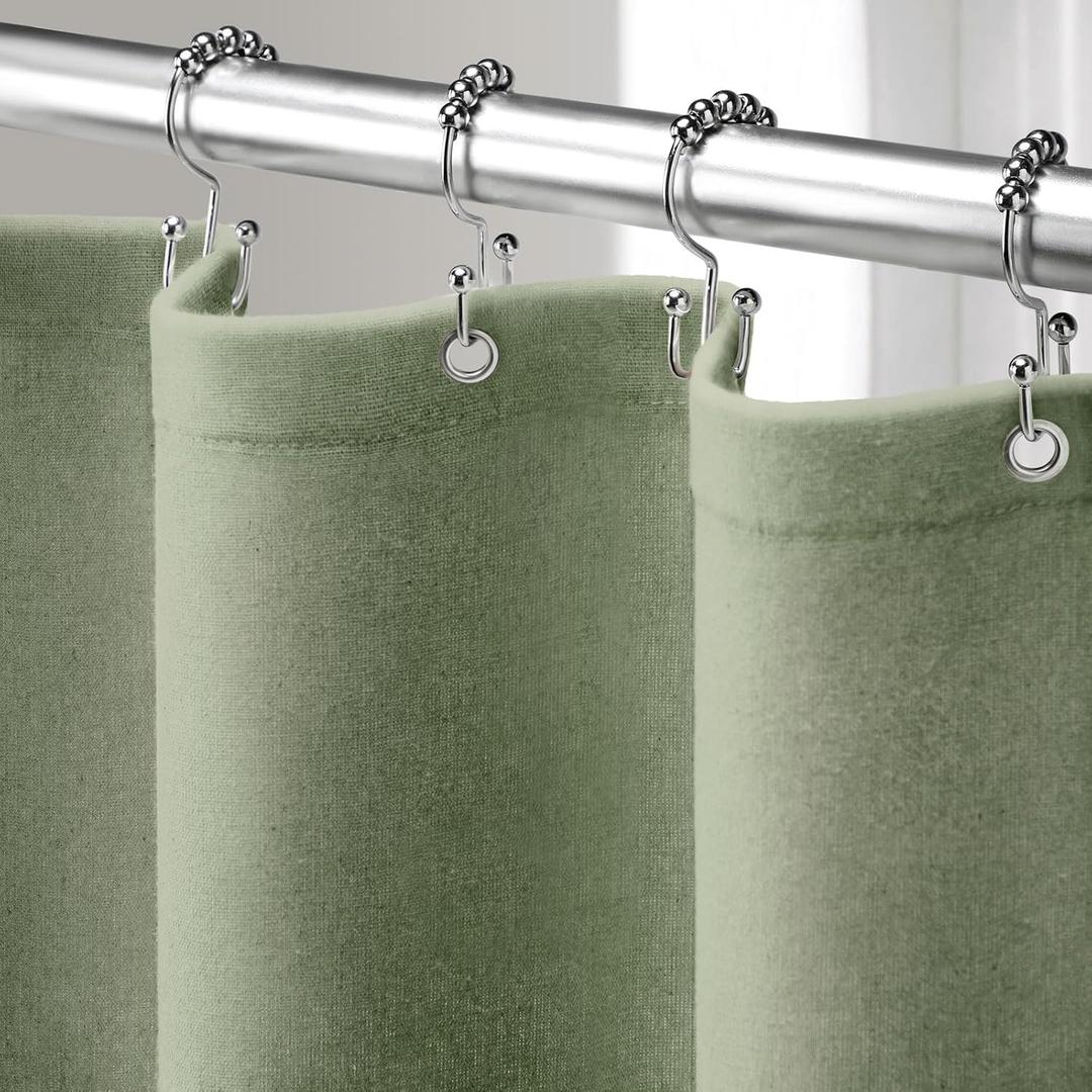 Linen Shower Curtain Green, Fabric Boho Farmhouse Shower Curtains for Bathroom Cotton Natural Cloth Liner Set 72" W x 72" L
