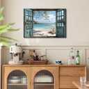 Window Beach canvas Wall Art Blue Coastal Ocean Windows Sea View Paintings Pictures Wall Decor Fake Window Frame Seascape Style Poster Printing Artwork for Living Room Bathroom Home Decoration, 24"L x 16"W
