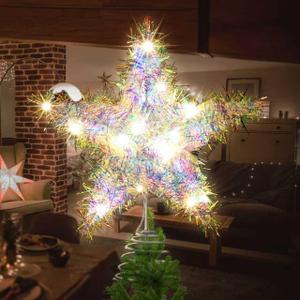 11.8'' Light-up Christmas Tree Topper Star, 20 Warm White LED Lights with Sparkling Yarn, Xmas Tree Top Decoration (Multicolored)