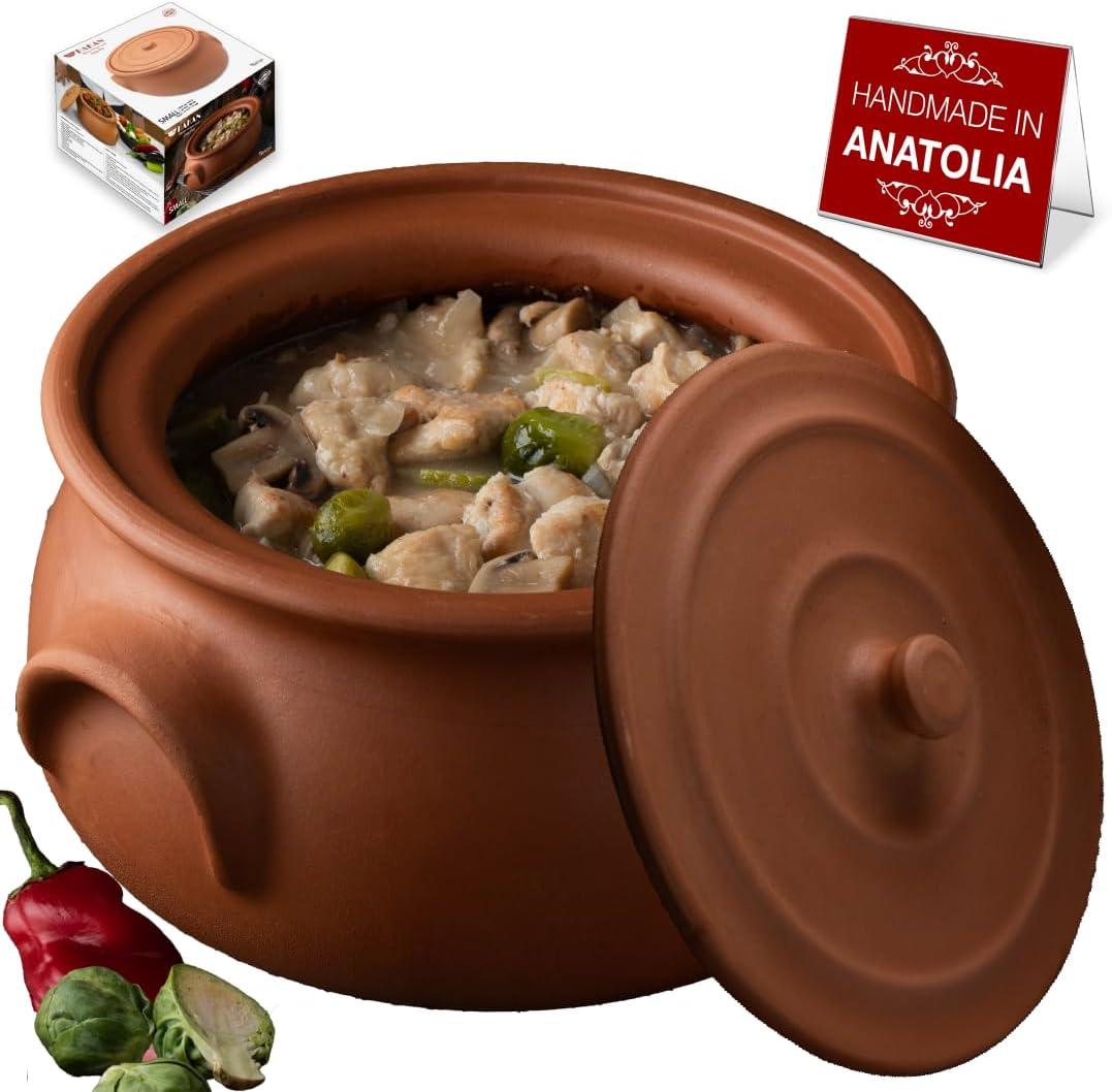 Hakan Suphan Handmade 2.6-Quart Small Clay Cooking Pot with Lid, Unglazed Natural Cookware, Terracotta Cazuela, Casserole Dish, Rice Cooking, Stewpot, Korean, Indian, Mexican Dish 2.5 L