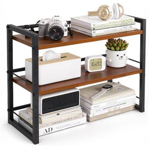 Wooden Desk Shelf Organizer - 2 Tier Desktop Bookshelf Storage Rack, Brown, 17.5"L x 8.46"W x 3.15"H
