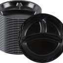 Restaurantware RW Base 10.4 Inch Microwavable Food Plates, 100 Round Plastic Plates - 3 Compartments, Disposable, Black Plastic Dinner Plates, Serve Hot And Cold Foods, For Restaurants And Cafes