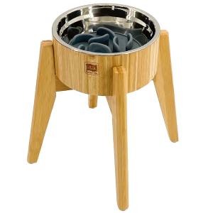 Slow Feeder Dog Bowls Elevated [12-inch High, 60-oz] - Bamboo Bowl, Stainless Steel Dish, Slow Feeder Insert and Stand - Tip-Over Resistant, Easy Fold-Down, All-Detachable Parts