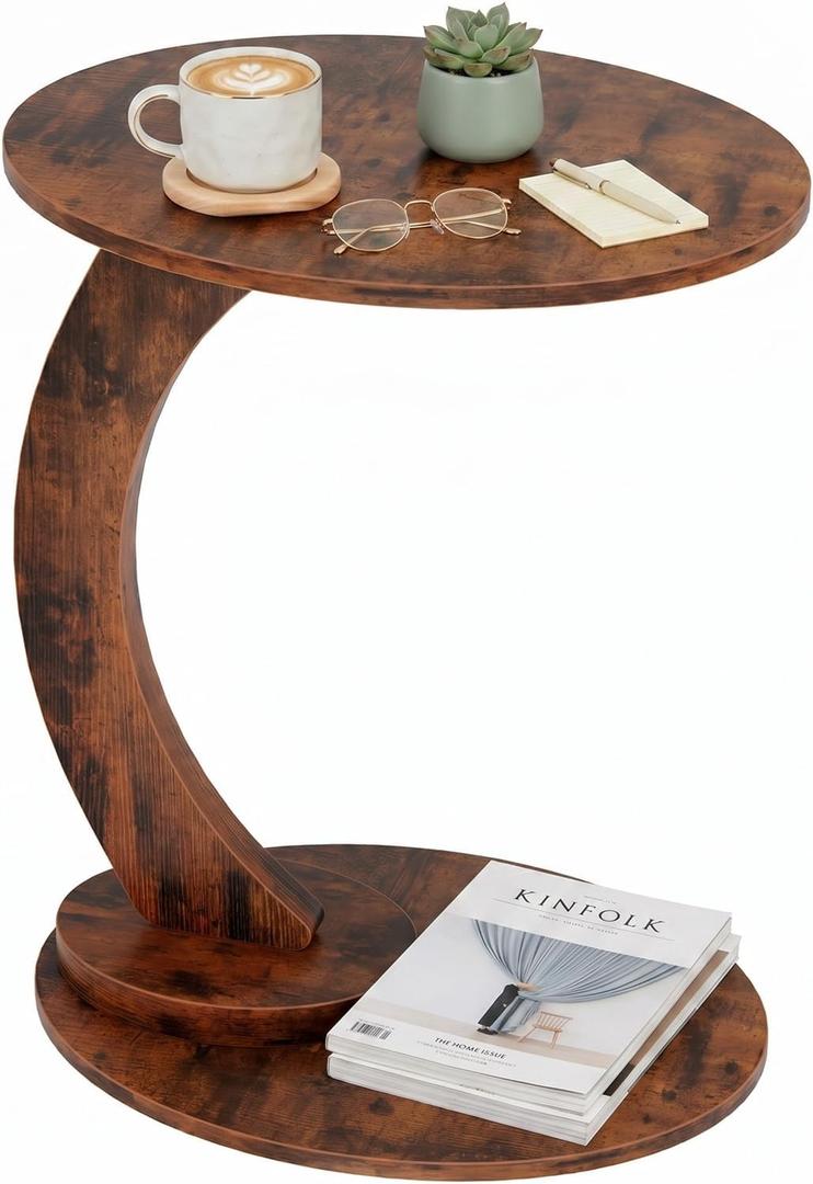 C Shaped End Table,Round Side Table for Couch Tables that Slide Under, TV Sofa Table for Small Spaces,C Table,Night Stand with Metal Frame for Bedroom,Living Room,Small Space(Brown)