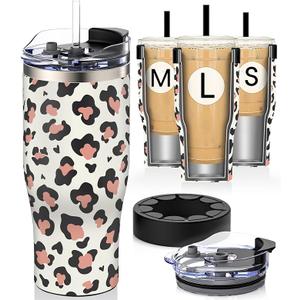 Universal Iced Coffee Sleeve - Insulated Double Wall Reusable Stainless Steel Holder Sleeves Insulator for Cold Drinks Fits Starbucks Dunkin Donuts Dutch Bros Small Medium Large Cups (Leopard)