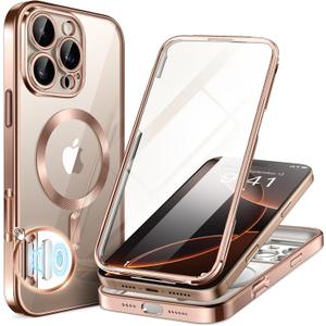 BERFY Magnetic for iPhone 16 Pro Max Case, Compatible with MagSafe, [Built-in 9H Tempered Glass Screen Protector & Upgraded Camera Protection] Full Body Plating Phone case for 16 Pro Max,Desert Gold